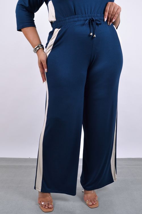 calça reta malha com faixa lateral azul marinho
