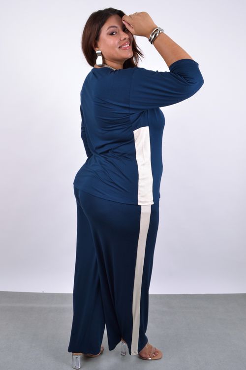 calça reta malha com faixa lateral azul marinho