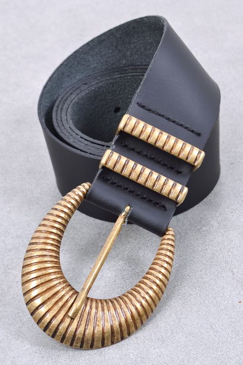 Cinto feminino couro fivela e passante ouro velho preto