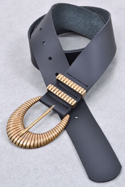 Cinto feminino couro fivela e passante ouro velho preto