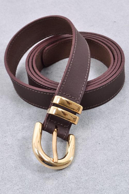 Cinto feminino couro fivela e passante dourados marrom