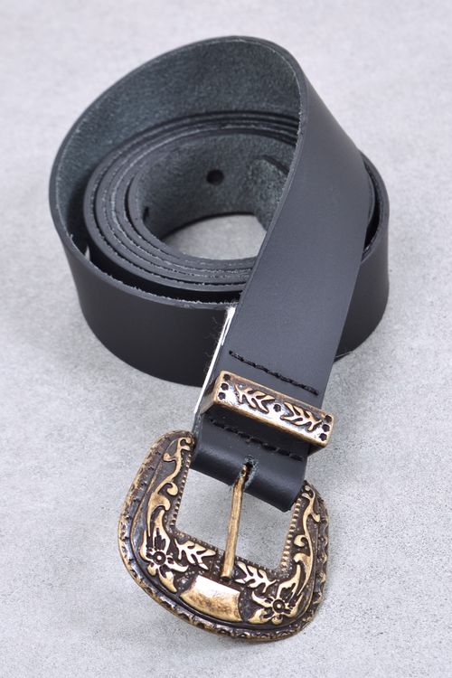 Cinto feminino couro fivela e passante trabalhados ouro velho preto