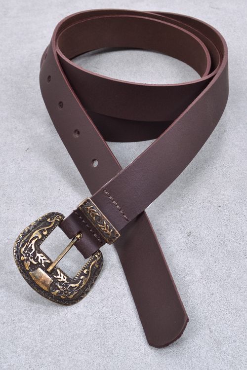 Cinto feminino couro fivela e passante trabalhados ouro velho marrom