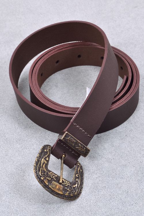 Cinto feminino couro fivela e passante trabalhados ouro velho marrom