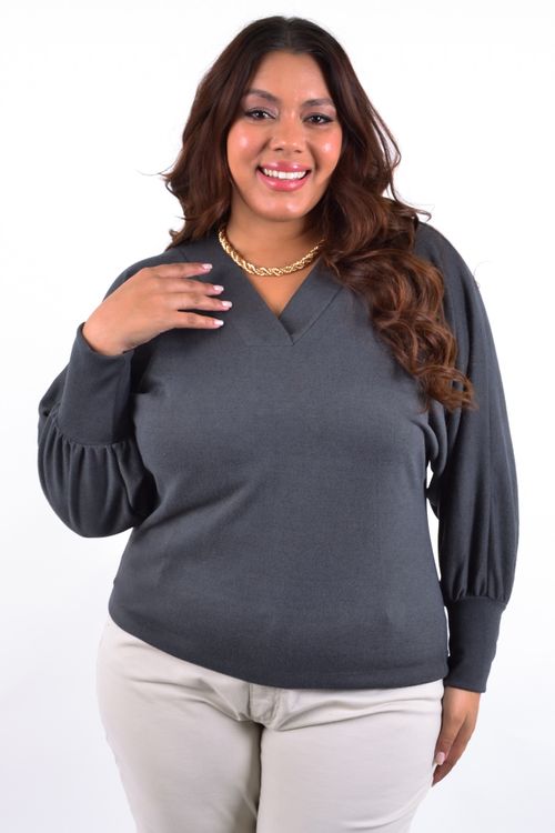 Blusa malha tricot decote v cinza chumbo