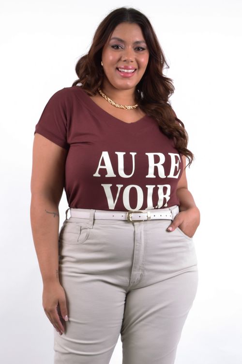 Blusa manga curta estampa 'au revoir' marrom