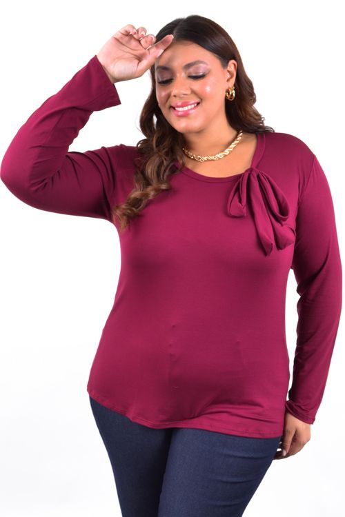 Blusa feminina manga longa laço na gola vinho