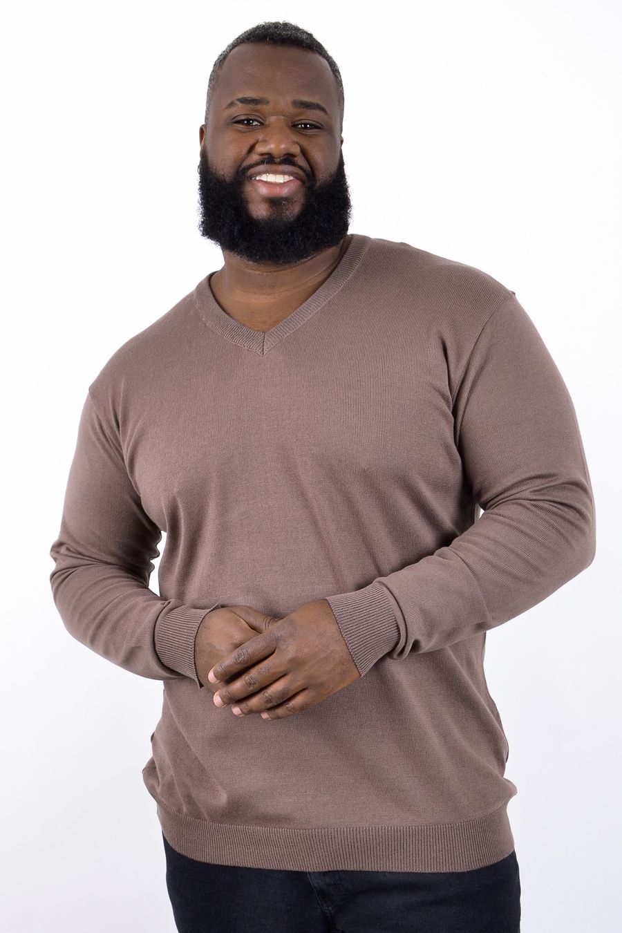 Blusa suéter  de tricô gola v plus size marrom