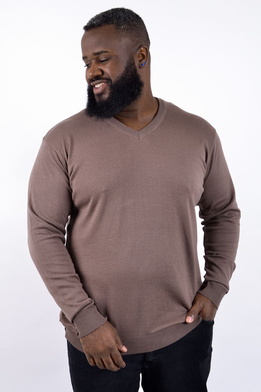 Blusa suéter  de tricô gola v plus size marrom