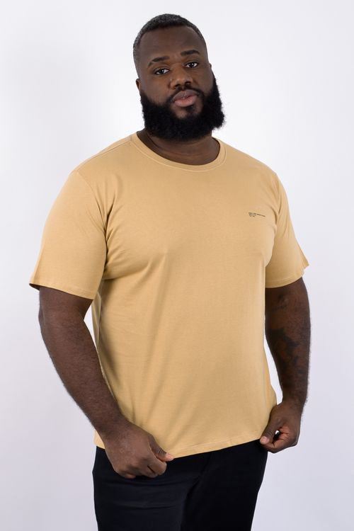 Camiseta masculina meia malha estampa pequena lateral bege