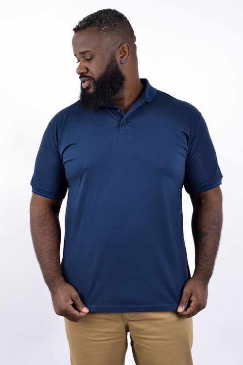 Polo masculina malha gola e punhos retilínea trabalhada  azul marinho