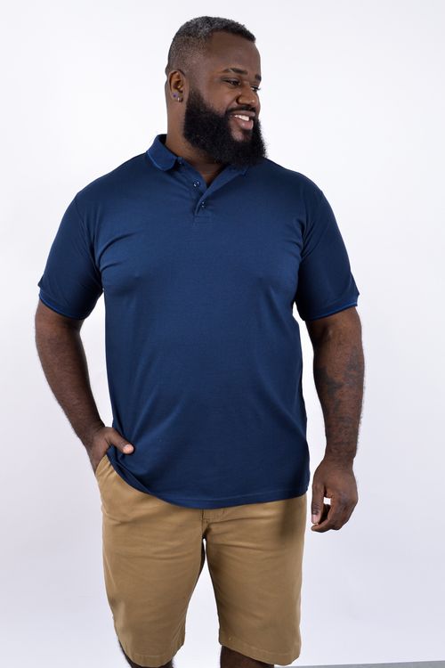 Polo masculina malha gola e punhos retilínea trabalhada  azul marinho