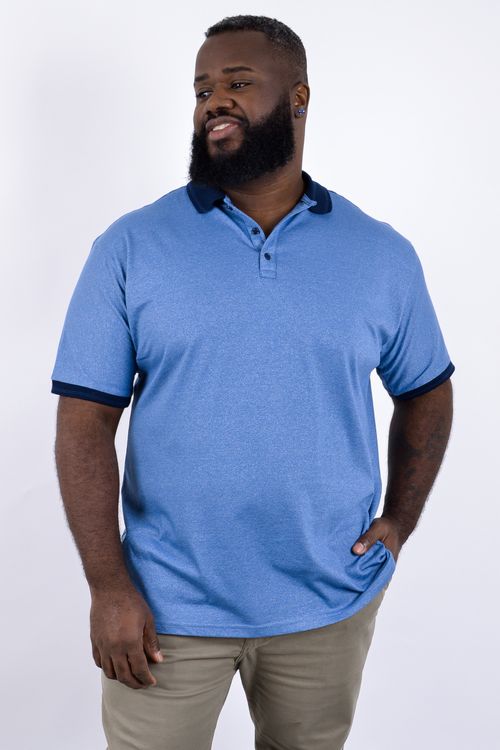 Polo masculina malha mescla gola e punhos retilínea azul
