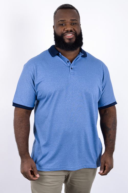 Polo masculina malha mescla gola e punhos retilínea azul