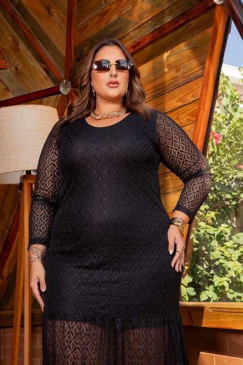 Vestido Midi Renda Manga Longa Plus Size PRETO