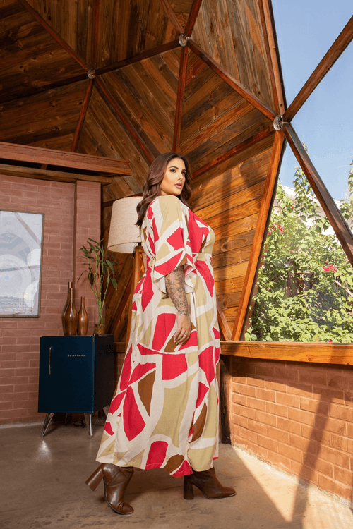 Vestido Estampado Decote V Giovana Plus Size FUNDO BEGE