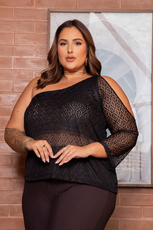 Blusa Renda 1 Ombro Só Plus Size PRETO