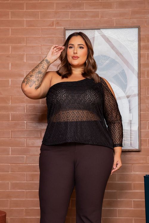 Blusa Renda 1 Ombro Só Plus Size PRETO
