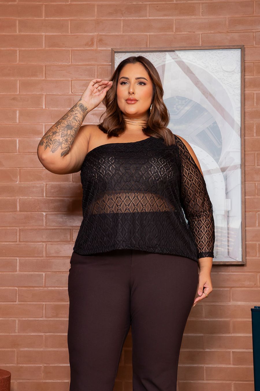 Blusa Renda 1 Ombro Só Plus Size PRETO