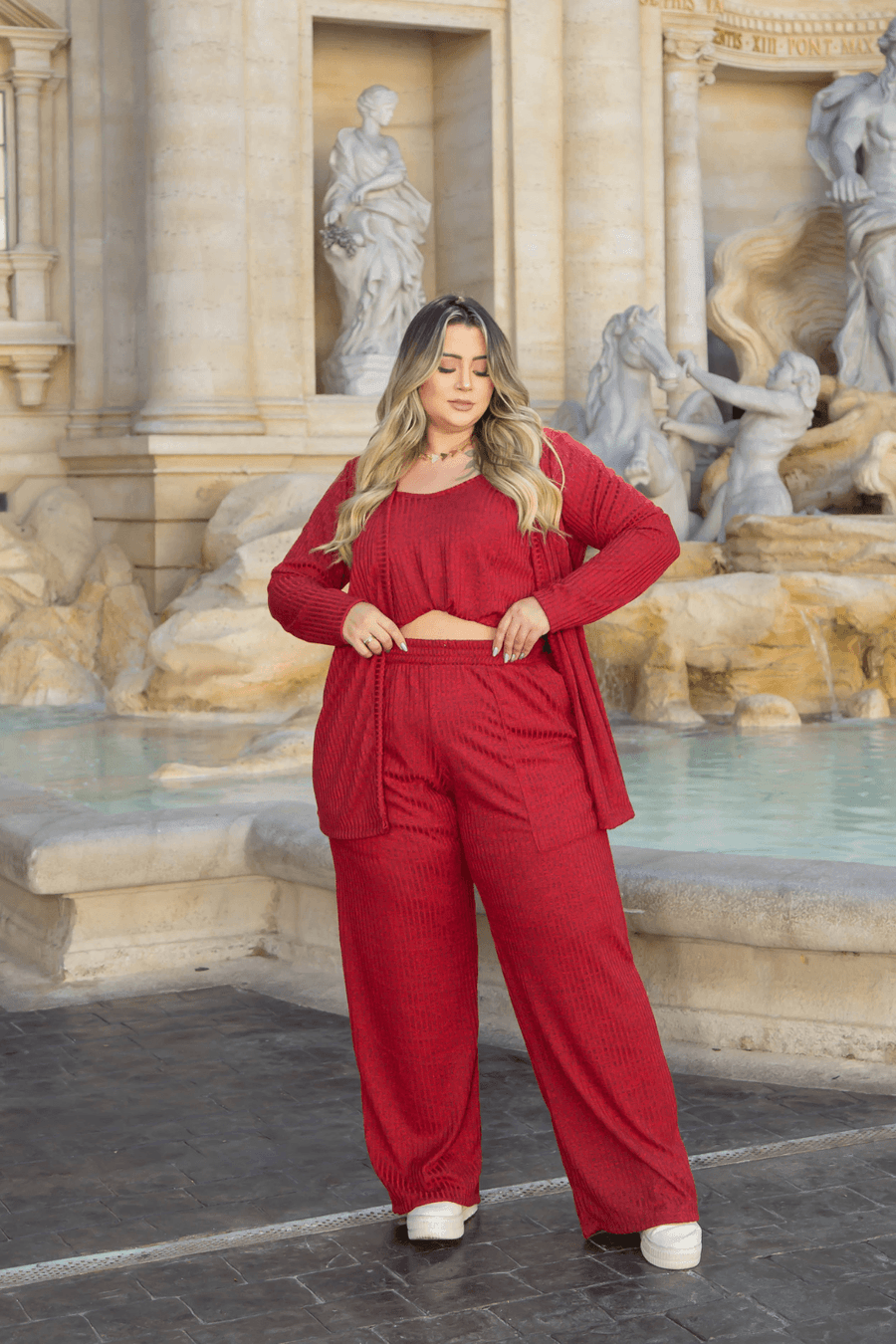 Calça Pantalona Giovana Malha Canelada Plus Size VERMELHO