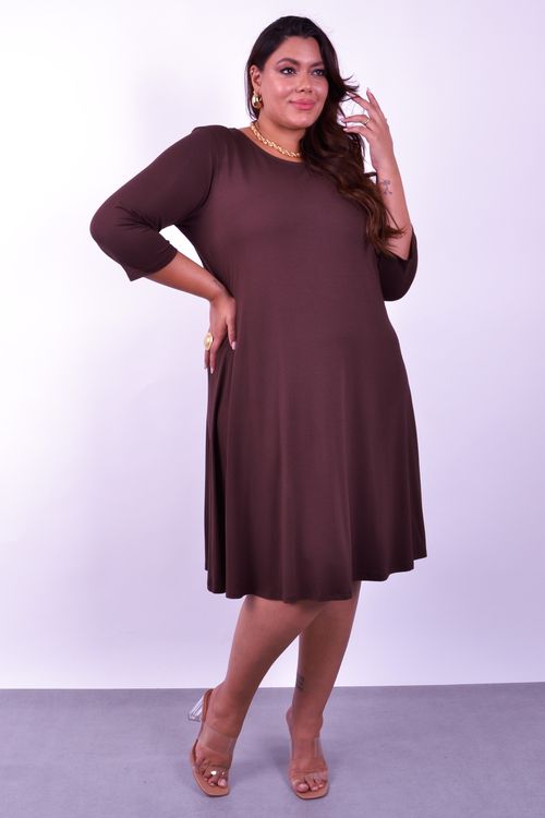 Vestido liso com manga marrom