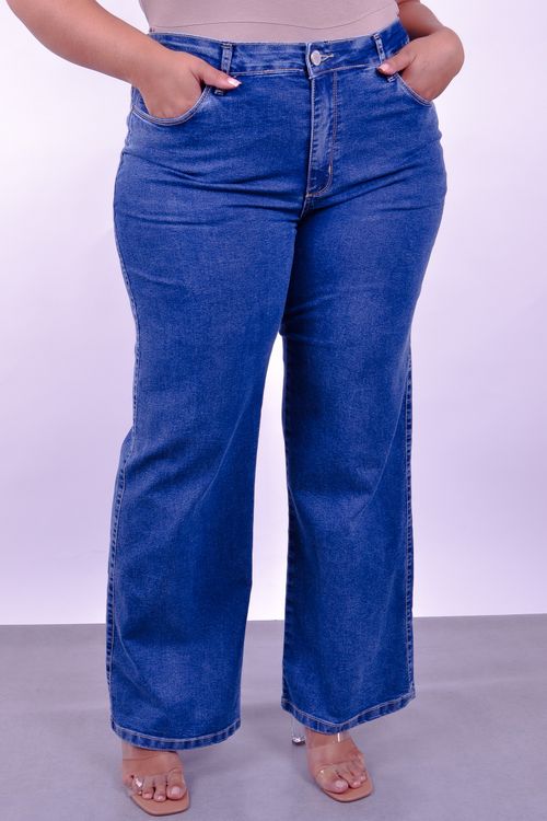 Calça wide leg feminina jeans elastano jeans blue