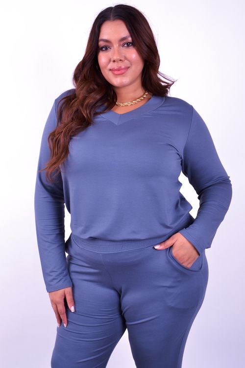 blusa manga longa moletinho decote v feminina cinza chumbo
