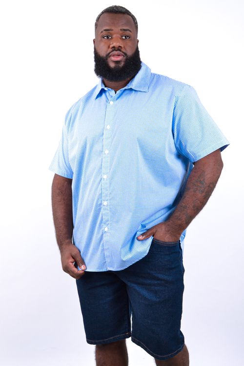 Camisa manga curta tricoline xadrez elastano azul