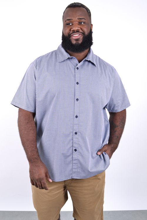 Camisa manga curta tricoline xadrez elastano azul marinho