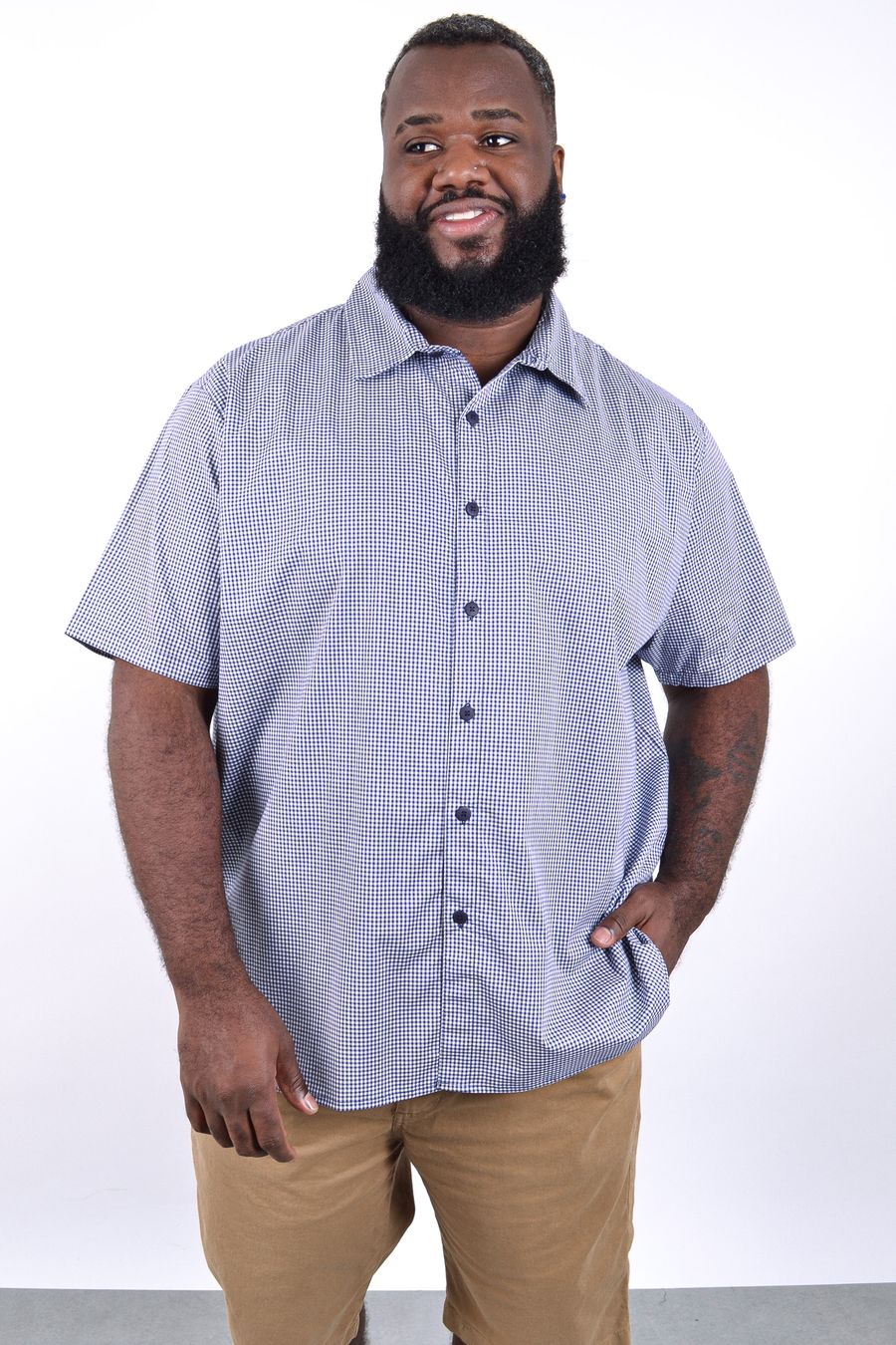 Camisa manga curta tricoline xadrez elastano azul marinho