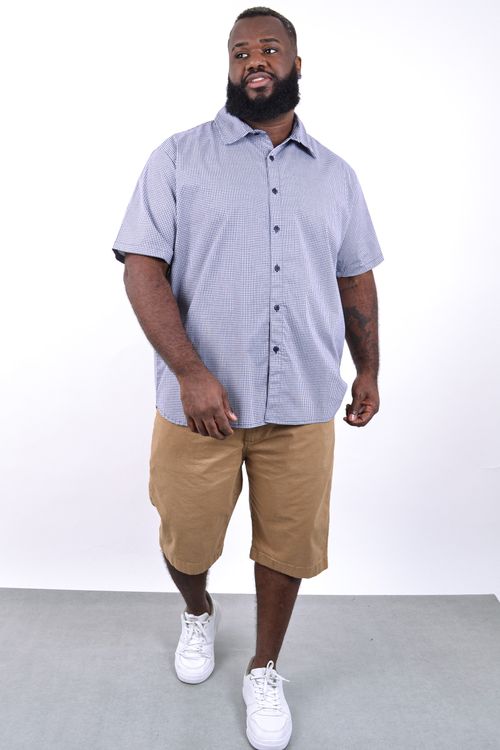 Camisa manga curta tricoline xadrez elastano azul marinho