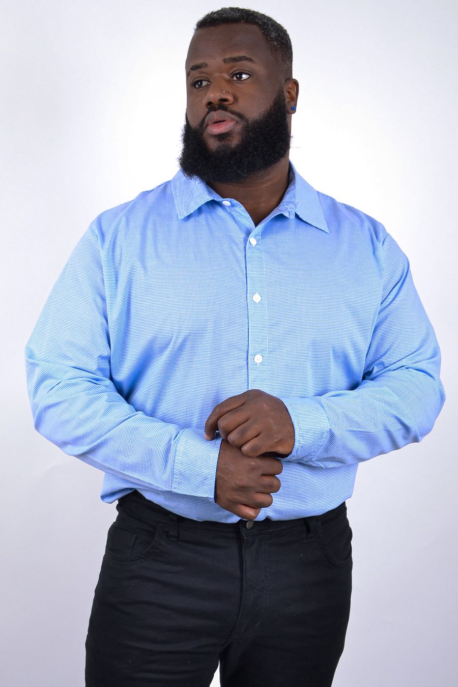 Camisa manga longa tricoline xadrez elastano azul