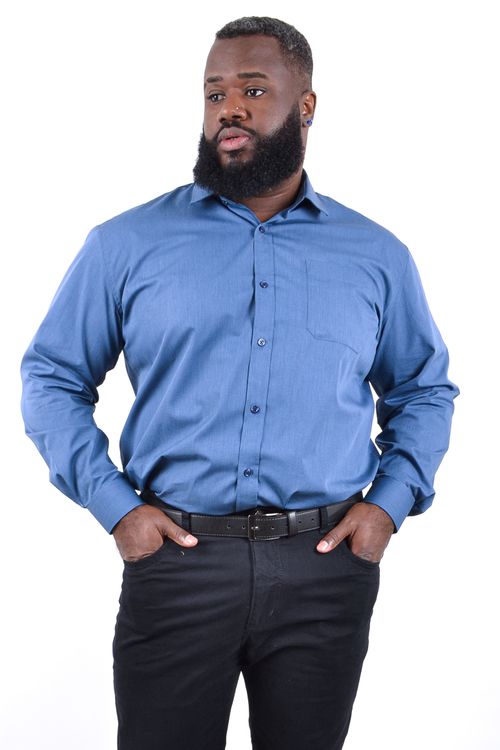 Camisa manga longa tricoline falso liso masculina azul petroleo