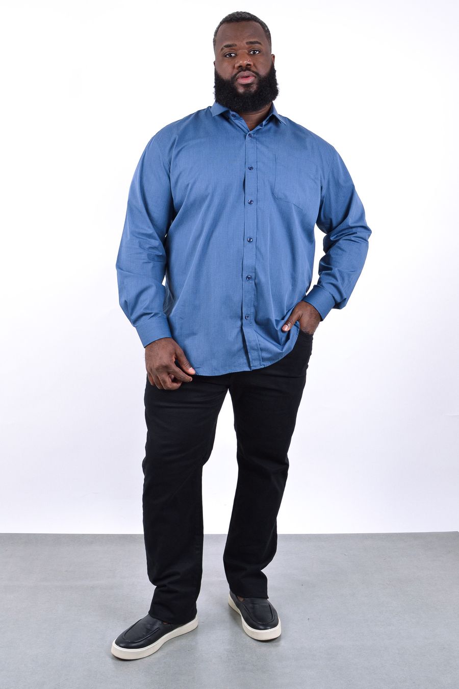 Camisa manga longa tricoline falso liso masculina azul petroleo