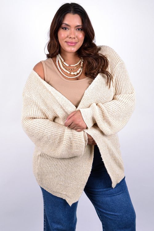 Casaco aberto em tricot plus size bege