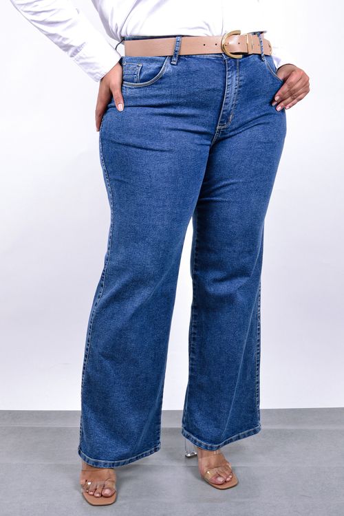 Calça wide leg feminina jeans elastano azul