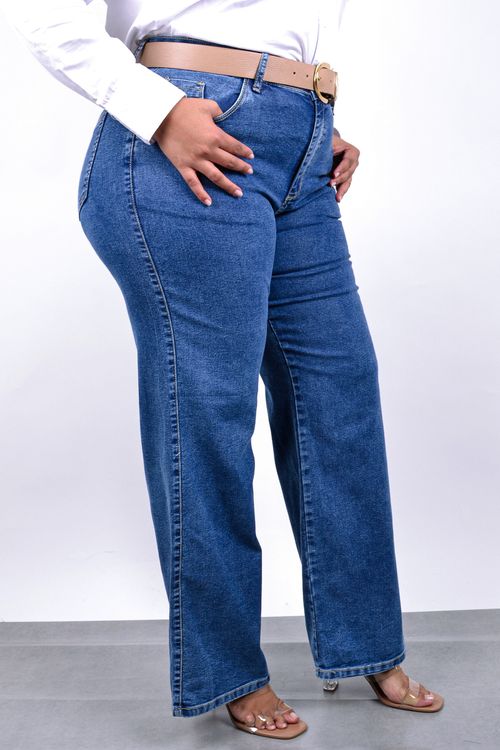 Calça wide leg feminina jeans elastano azul