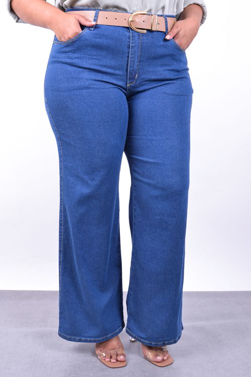 Calça wide leg feminina jeans elastano jeans blue