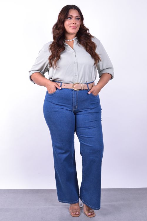Calça wide leg feminina jeans elastano jeans blue
