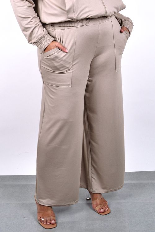 Calça wide leg moletinho feminina bege