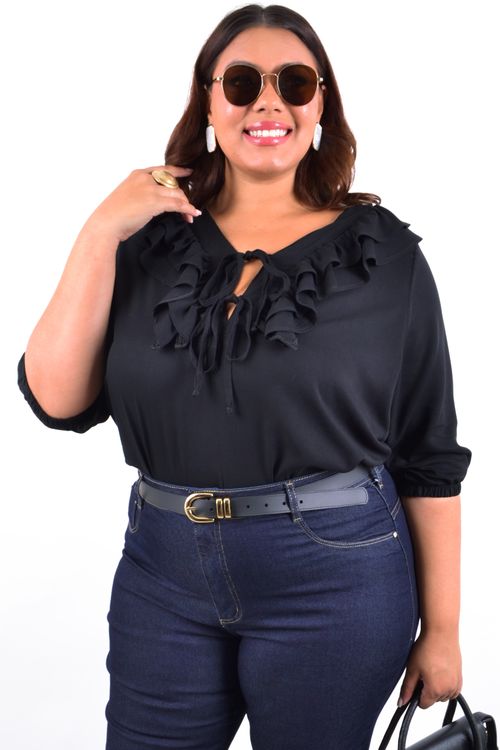 Blusa feminina viscose babados no decote  preto