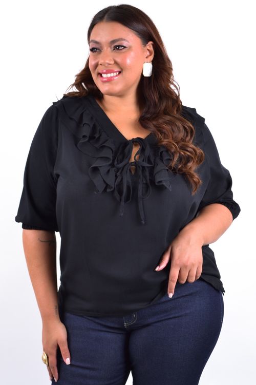 Blusa feminina viscose babados no decote  preto