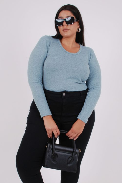 Blusa manga longa malha tricô azul