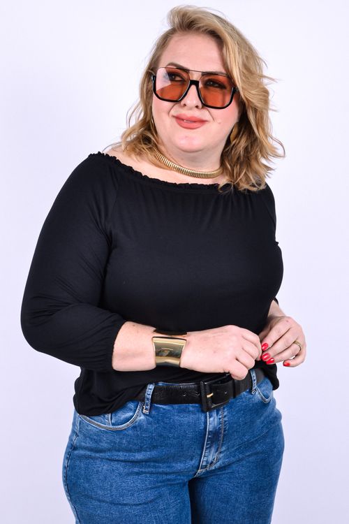 Blusa com manga e elástico no decote preto
