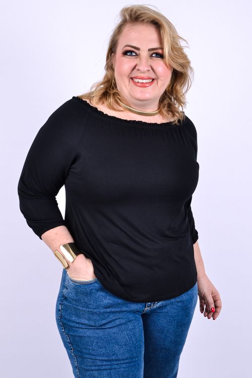 Blusa com manga e elástico no decote preto