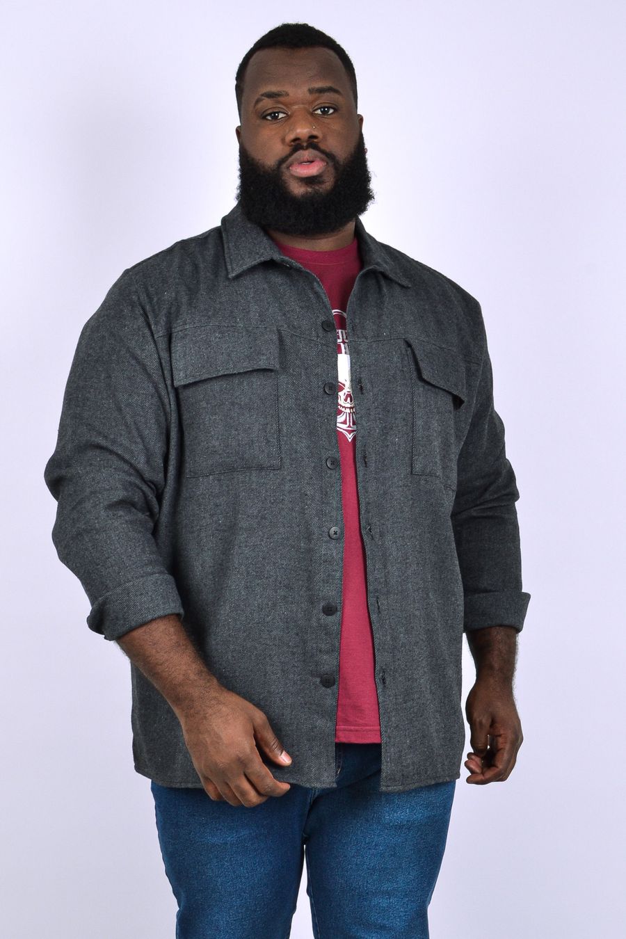 Camisa jaqueta masculina em flanela cinza chumbo