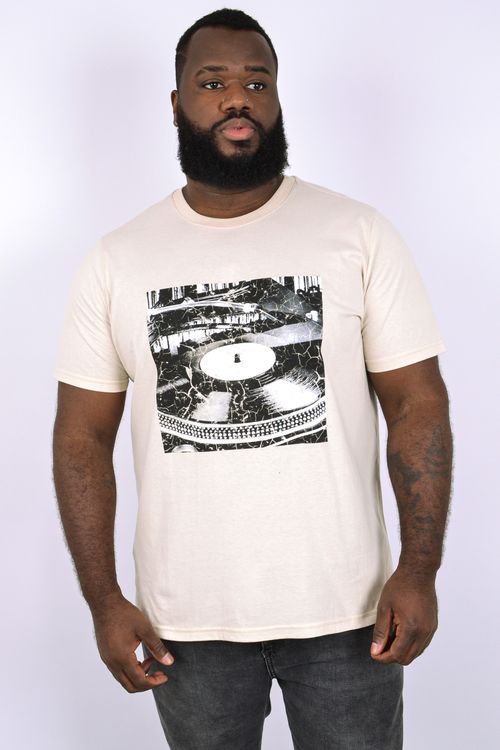 Camiseta masculina meia malha estampa disco frente  bege