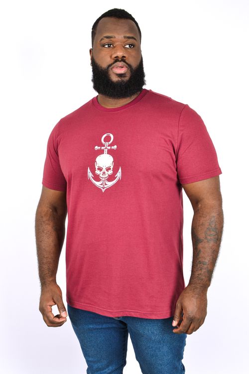 Camiseta masculina malha estampa 'caveira' vinho