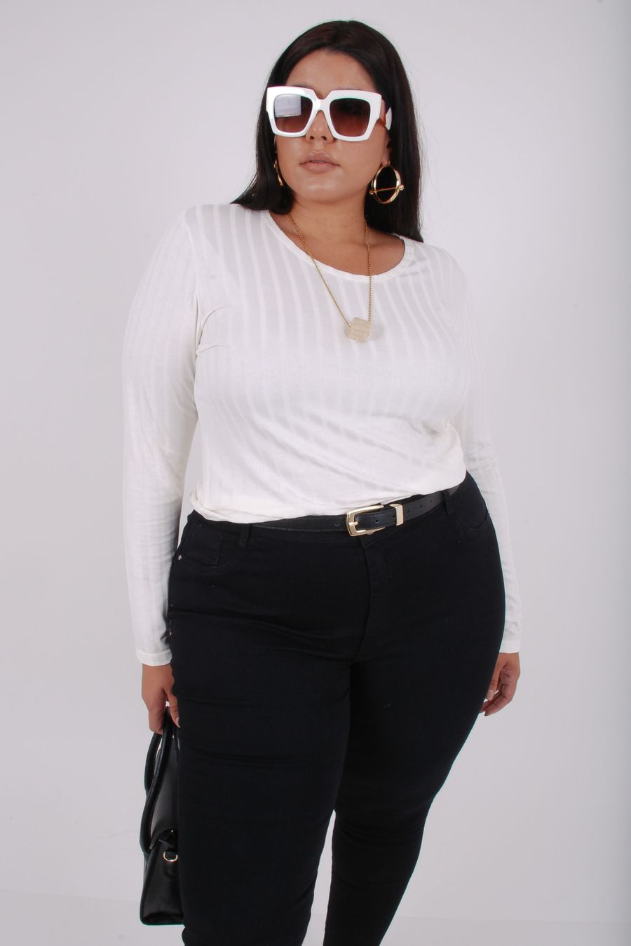 Blusa manga longa canelada lisa off white