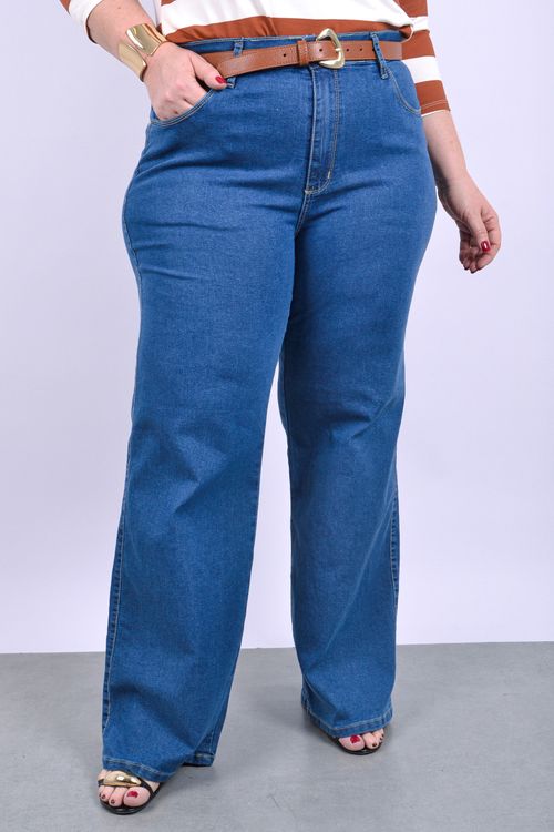 Calça wide leg feminina jeans elastano jeans blue